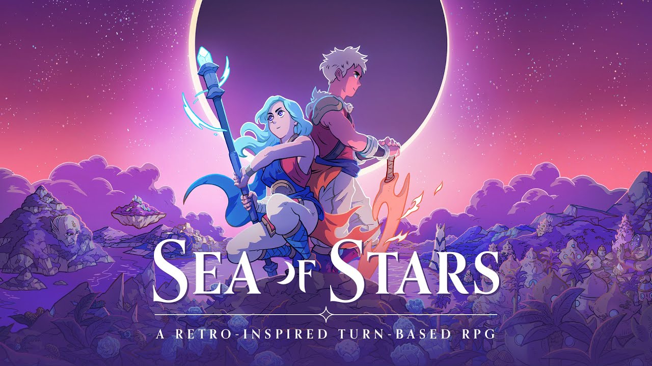 an alternate version of the official art for sea of stars. it features the two main characters, a girl with long blue hair and a staff and a boy with short white hair and a sword, perched on a tall and narrow cliff over a wide landscape. directly behind them is a lunar eclipse, and the lighting around them is purple and pink. the game logo is beneath them, and below it says 'a retro-inspired turn-based rpg'